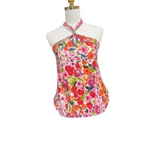 Express Floral Halter Top Size M Pink Orange Keyhole Ring